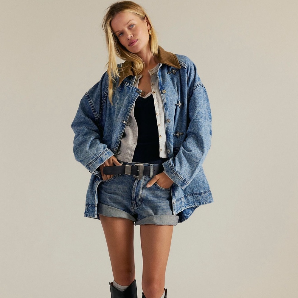 We the Free Denim Barn Jacket with Brown Collar Size Small
